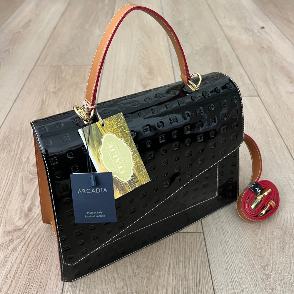 Arcadia NWT Italy Black Patent Leather Embossed Logo Top Handle Satchel Bag